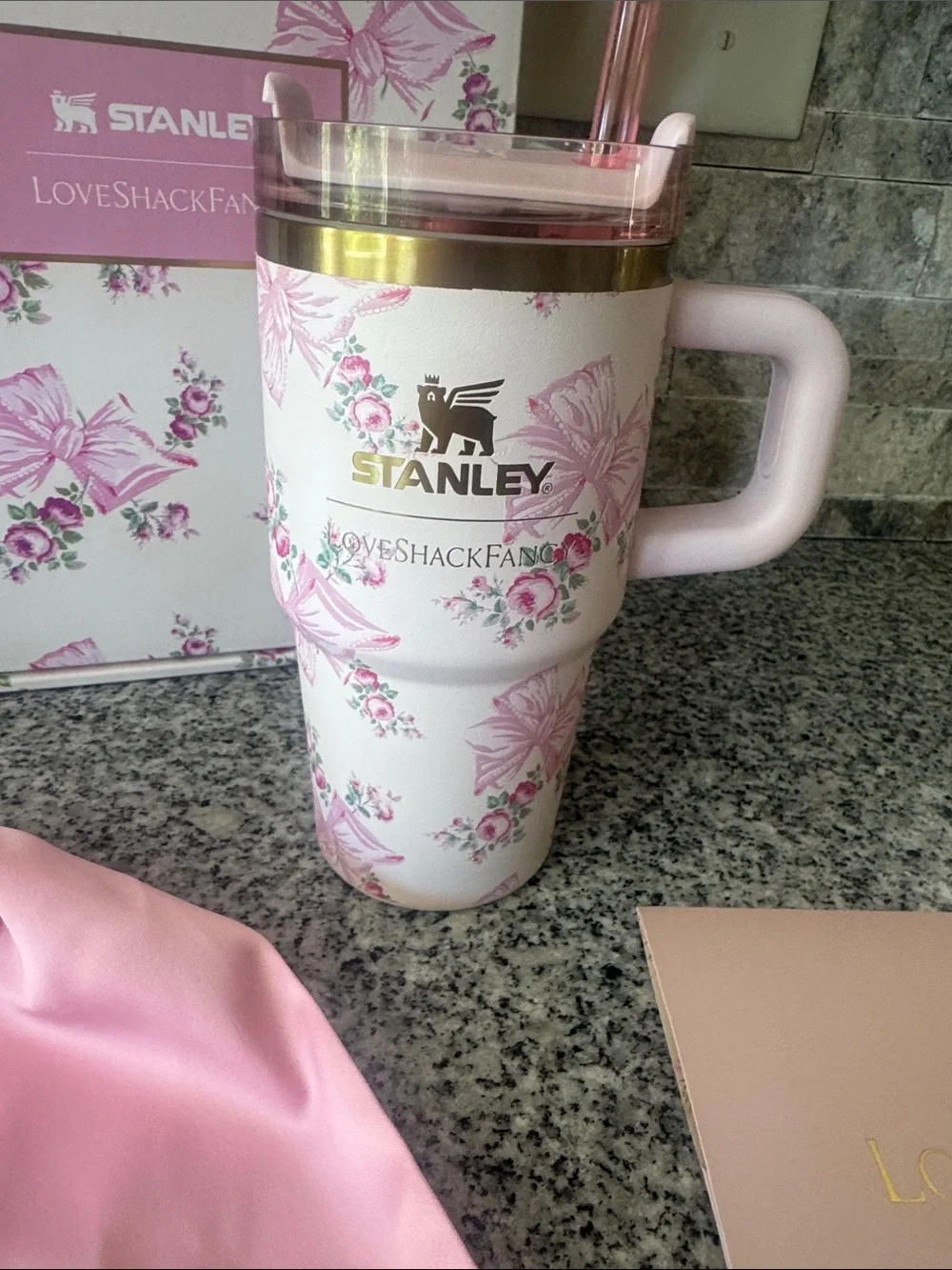 Stanley LoveShackFancy Pink Floral Travel Mug with Matching Pouch and Box - 20oz - Picture 2 of 4